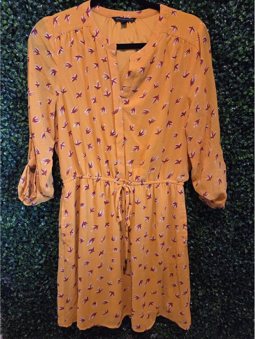 Signature Studio Medium Mustard Yellow Dress with Bird Print